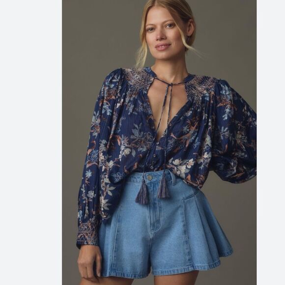 By Anthropologie Long-Sleeve Smocked Lurex Top Size S Blue Floral Print boho - Picture 1 of 13